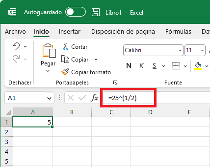 Raíz cuadrada en Excel con símbolo de potencia