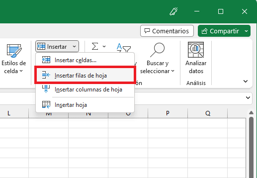Comando Insertar filas de hoja