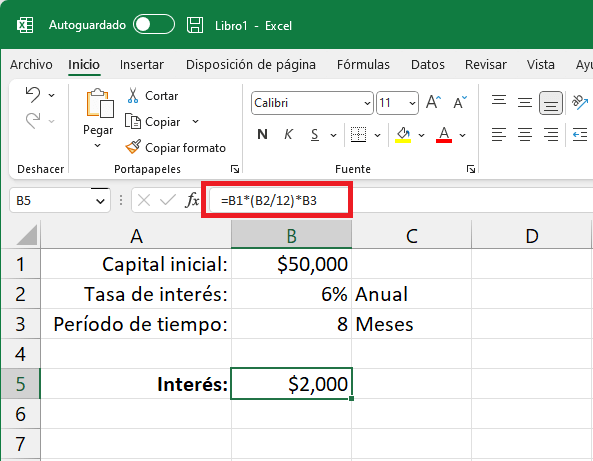 Fórmula para calcular interés simple en Excel