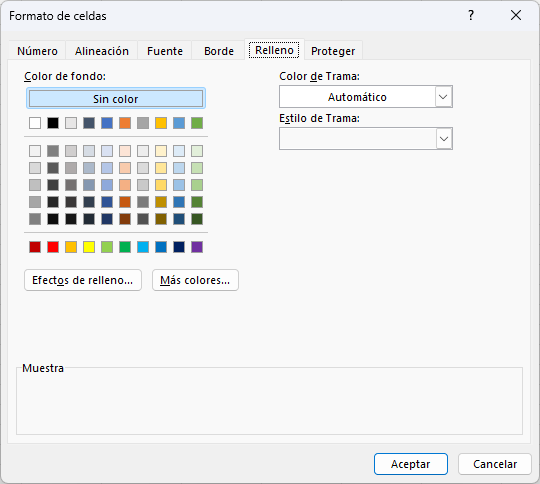 Configuraciones de relleno de celdas en el cuadro de diálogo Formato de celdas