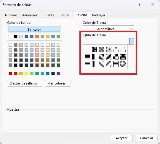 Opciones de trama para rellenar celdas en Excel