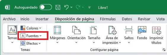 Comando Fuentes dentro del grupo Temas de la pestaña Disposición de página