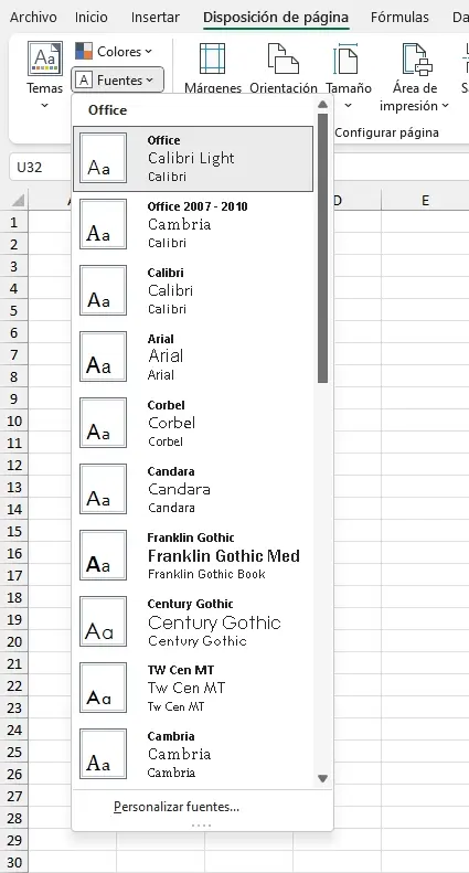 Menú del comando Fuentes con las fuentes del tema configuradas en Excel