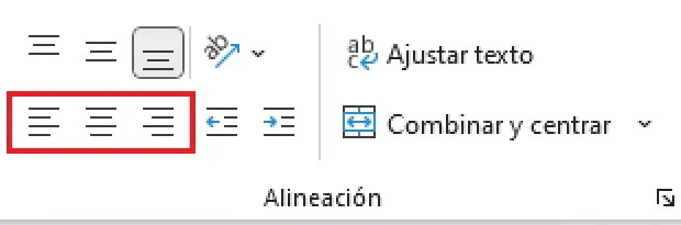 Comando de alineación horizontal en la Cinta de opciones