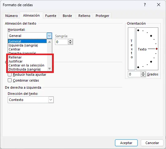 Comandos de alineación horizontal en el cuadro de diálogo Formato de celdas