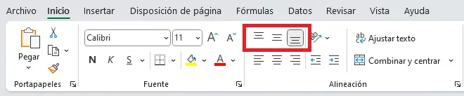 Comandos de Alineación vertical en la Cinta de opciones