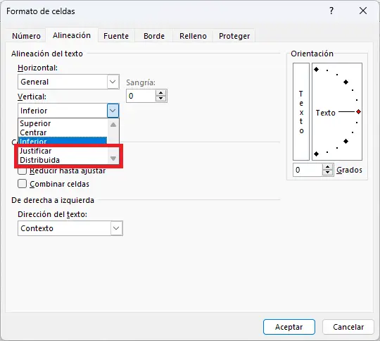 Comandos de Alineación vertical en el cuadro de diálogo Formato de celdas