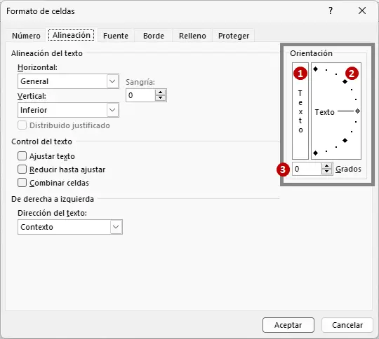 Opciones de Orientación en el cuadro de diálogo Formato de celdas