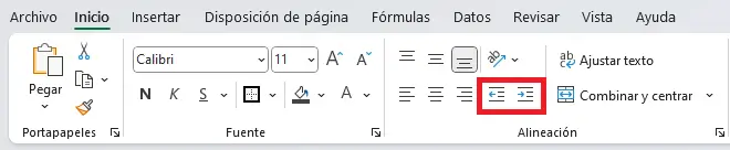 Comandos de sangría en Excel