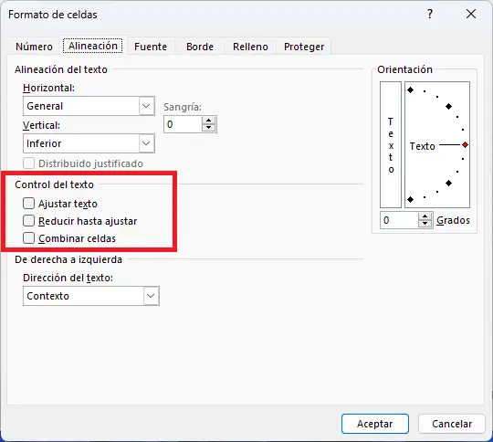 Opciones de control de texto en Excel