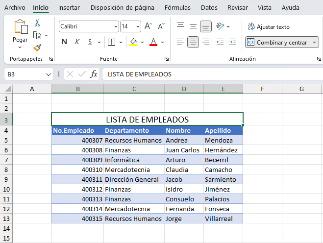 Comando Combinar y centrar en Excel
