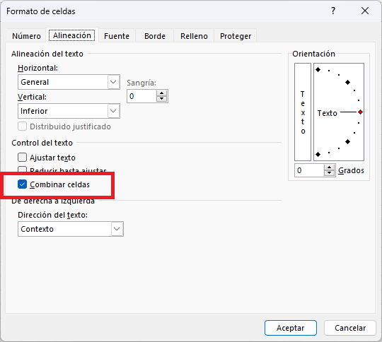 Opción combinar celdas en el cuadro de diálogo Formato de celdas