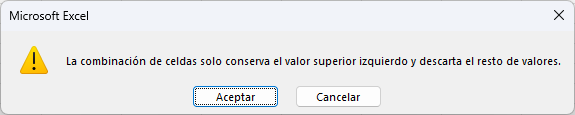 Advertencia de la combinación de celdas con texto