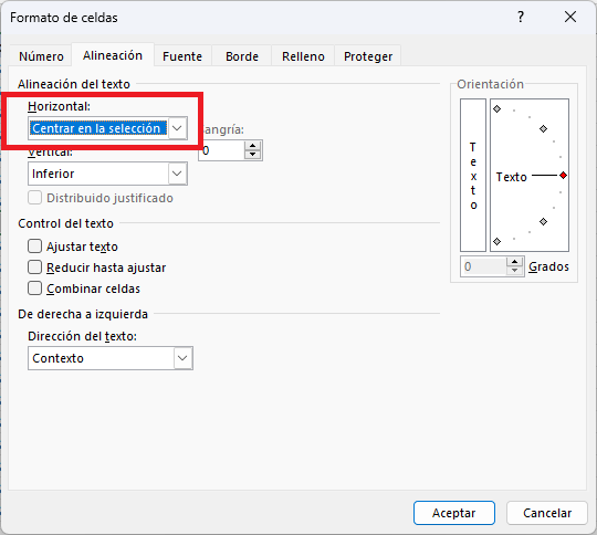 Opción de alineación horizontal Centrar en la selección