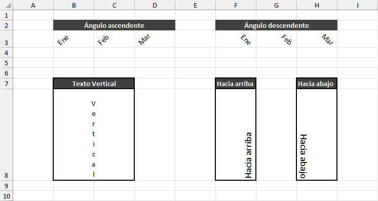 Opciones de orientación de texto en Excel