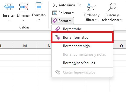 El comando Borrar formato en Excel