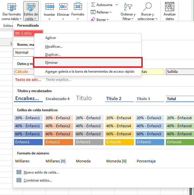 Eliminar un estilo de celda en Excel