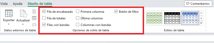 Opciones de estilo de tabla en Excel