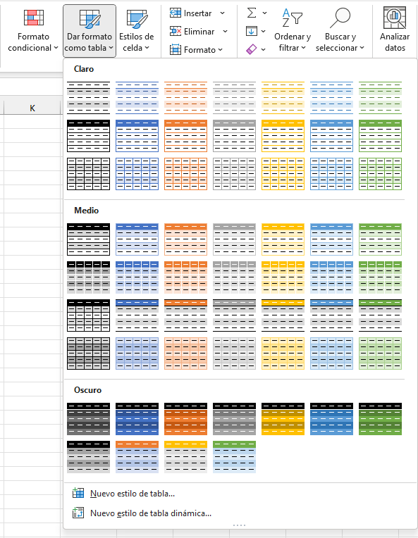 Comando Dar formato como tabla en Excel