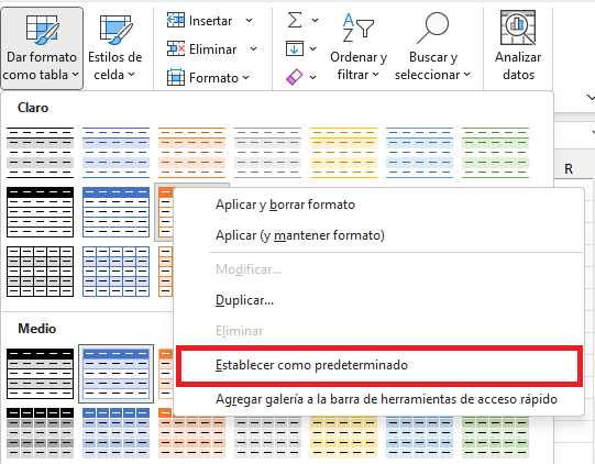 Cómo cambiar el estilo de tabla predeterminado