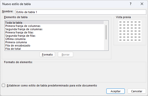 Cuadro de diálogo Nuevo estilo de tabla