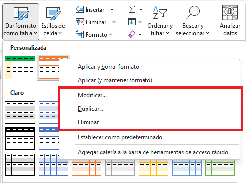Cómo modificar o eliminar un estilo de tabla en Excel