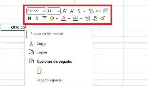 Mini barra de comandos en Excel