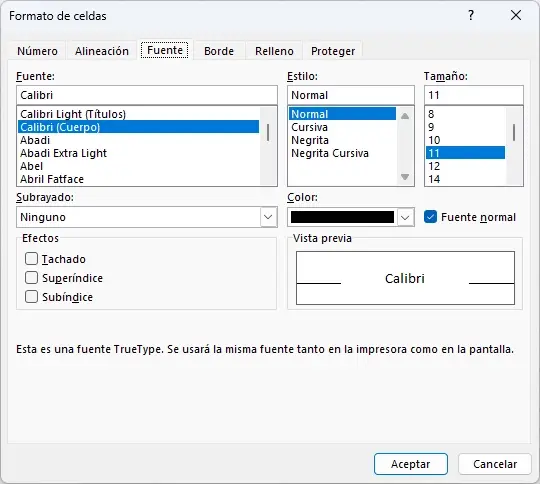 Pestaña Fuente en el cuadro de diálogo Formato de celdas