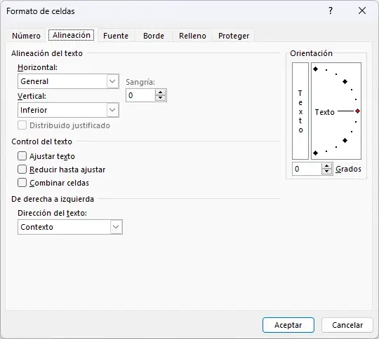 Pestaña Alineación en el cuadro de diálogo Formato de celdas