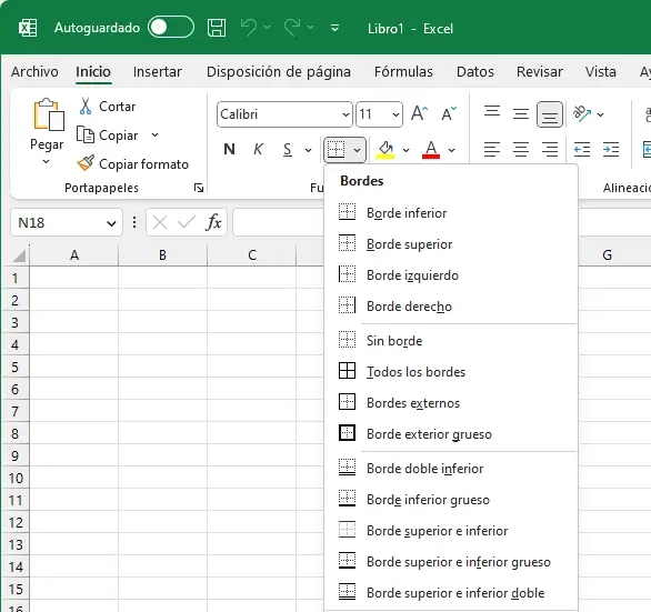 Comando Bordes en la Cinta de opciones de Excel
