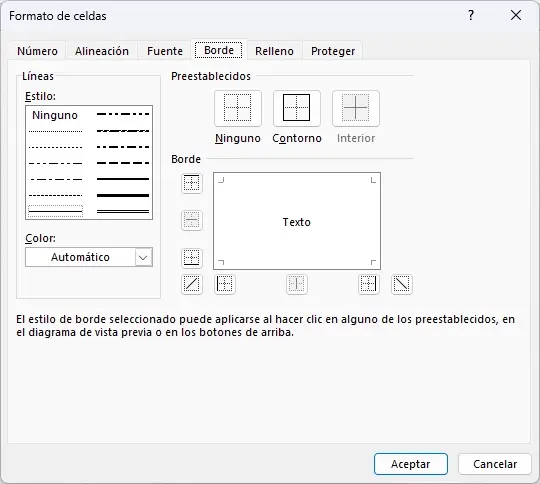 Pestaña Borde en el cuadro de diálogo Formato de celdas