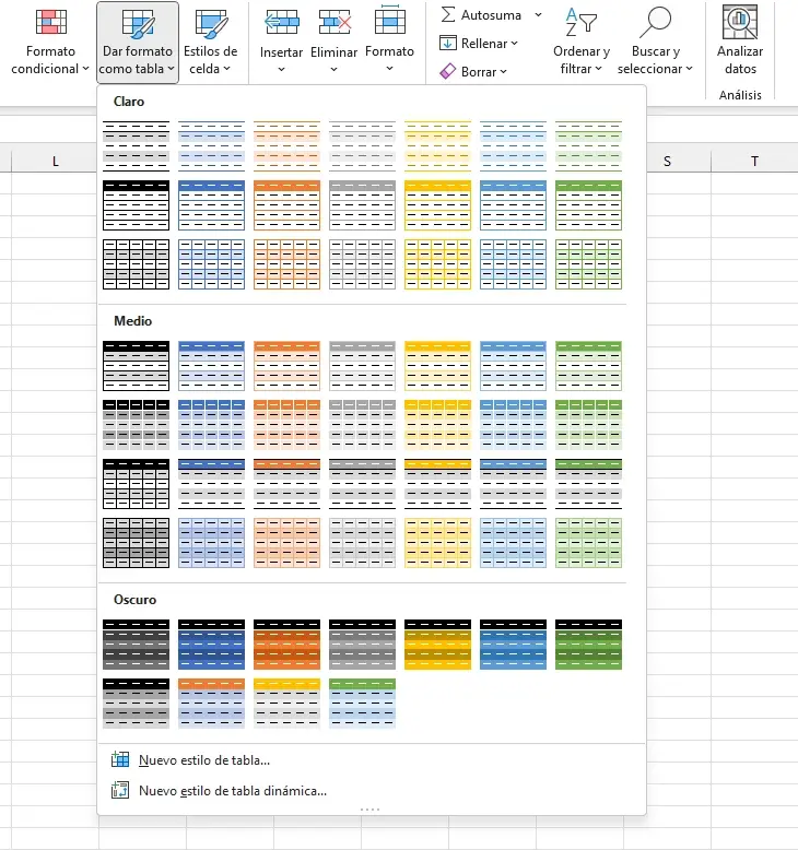 Estilos de tabla en Excel