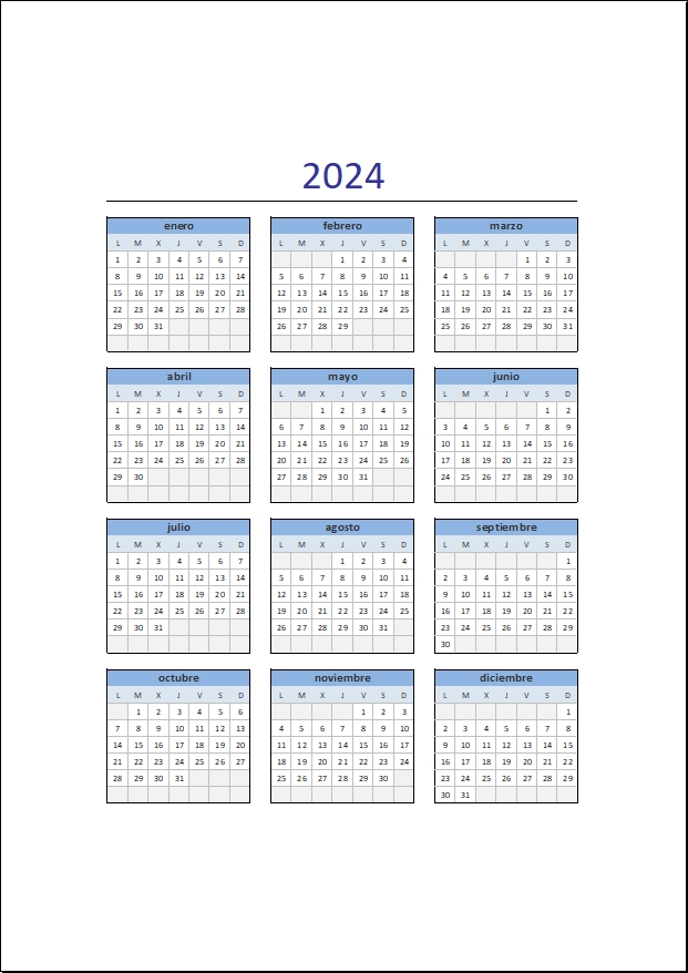 Calendário de 2024 para imprimir veja como editar modelo no Excel