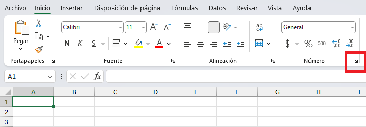 Indicador de cuadro de diálogo del grupo Número