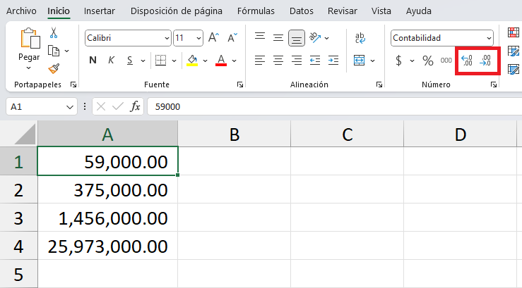 Aumentar o disminuir decimales en Excel