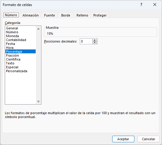 Estilo Porcentaje en el cuadro de diálogo Formato de celdas
