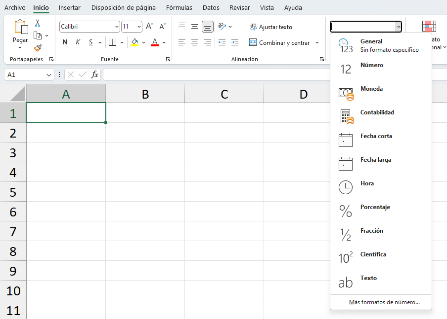 Lista de formatos predefinidos en Excel