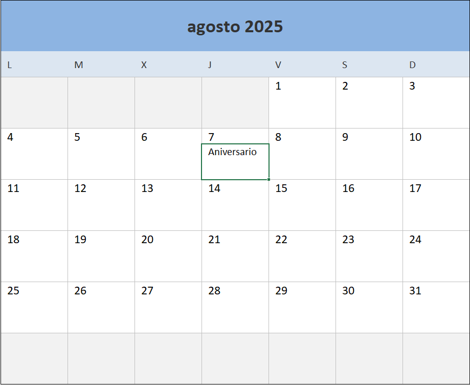 Calendario 2025 Excel Total Formula