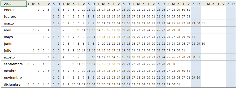 Mini calendario 2025 en Excel