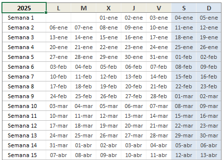 Calendario semanal 2025 en Excel