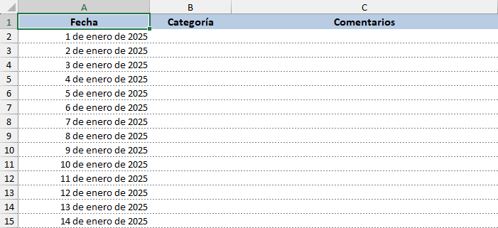 Calendario diario 2025 en Excel