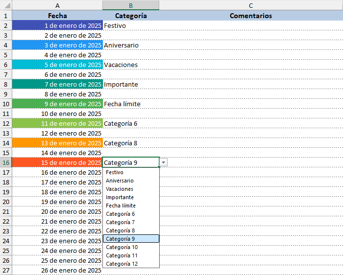 Días festivos y vacaciones en calendario 2025 en Excel