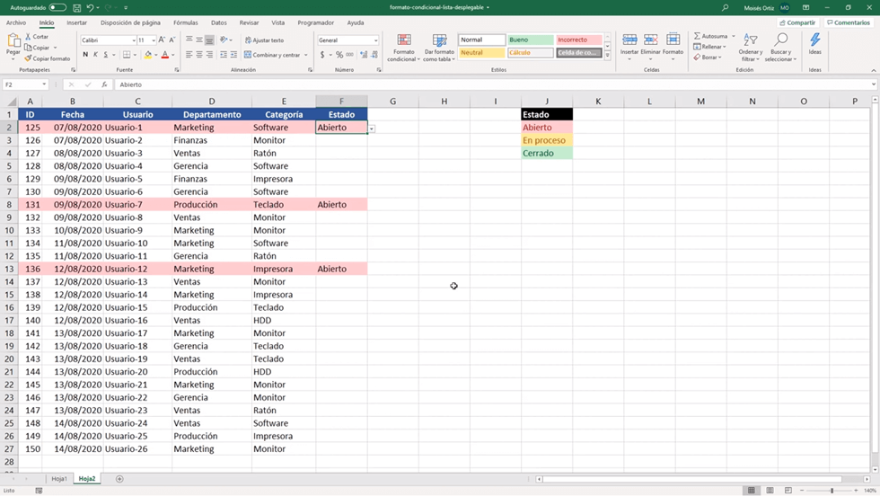 Aplicar formato condicional con una lista desplegable en Excel