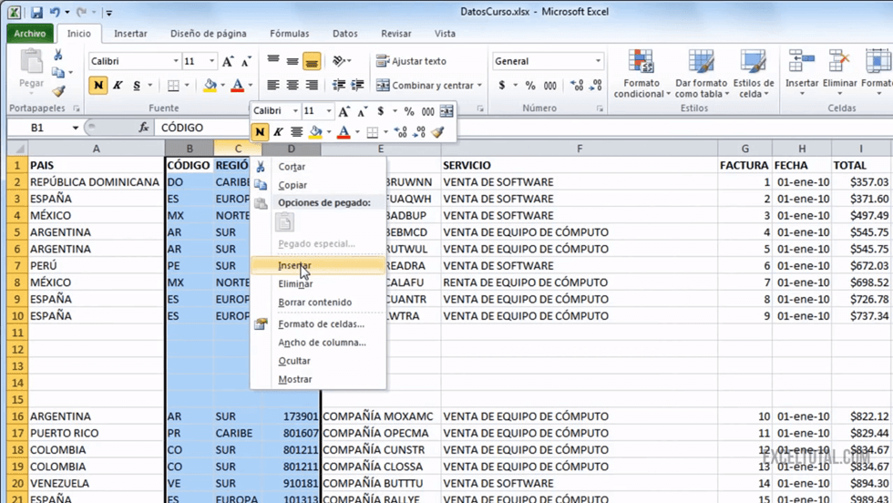 Cómo insertar columnas y filas en Excel