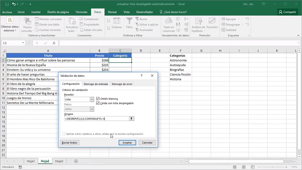Cómo actualizar una lista desplegable de manera automática en Excel