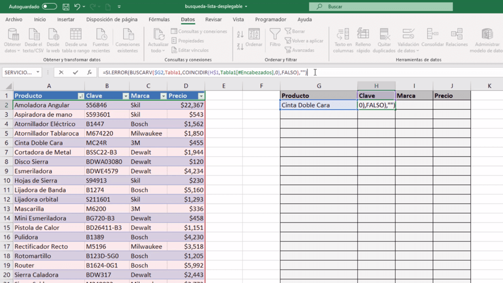 Buscar en Excel con una lista desplegable