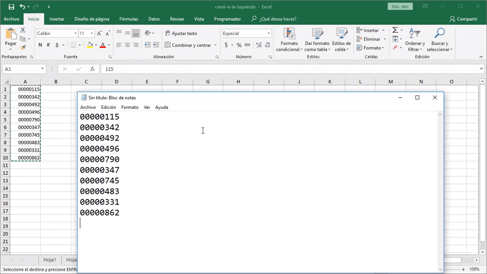 Quitar o poner ceros a la izquierda en Excel
