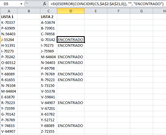 Comparación de listas en Excel