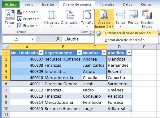 Establecer área de impresión