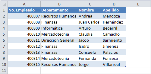 Tabla de datos para filtro avanzado